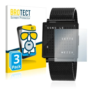 Front side of a product packaging with the brand logo BROTECT. Next to it is the device Qlocktwo W35 shown with the correspond