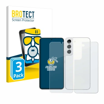 Front side of a product packaging with the brand logo BROTECT. Next to it is the device Samsung Galaxy S22 5G (Front+Back) sho