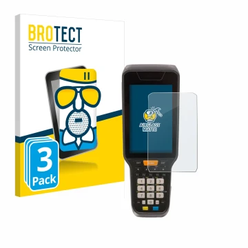 Front side of a product packaging with the brand logo BROTECT. Next to it is the device Datalogic Skorpio X5 shown with the co