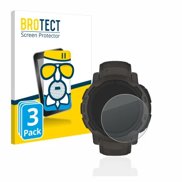 Front side of a product packaging with the brand logo BROTECT. Next to it is the device Garmin Instinct 2 shown with the corre