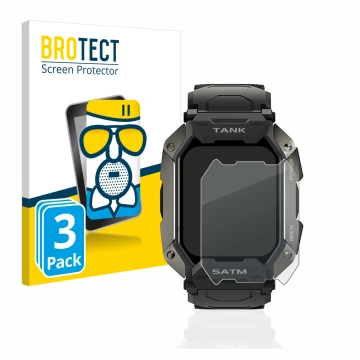 Front side of a product packaging with the brand logo BROTECT. Next to it is the device Kospet Tank M1 shown with the correspo