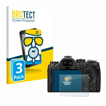 Front side of a product packaging with the brand logo BROTECT. Next to it is the device Olympus OM-1 2022 shown with the corre