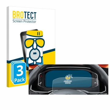Front side of a product packaging with the brand logo BROTECT. Next to it is the device Volkswagen Polo 6 Digital Cockpit Pro 