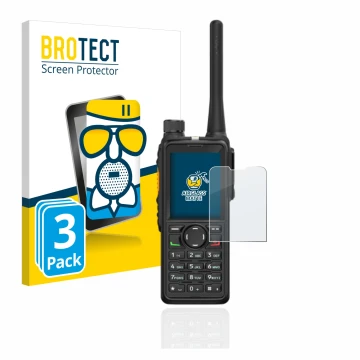 Front side of a product packaging with the brand logo BROTECT. Next to it is the device Hytera HP785 shown with the correspond