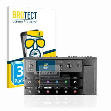 Front side of a product packaging with the brand logo BROTECT. Next to it is the device Line 6 Helix Floor shown with the corr