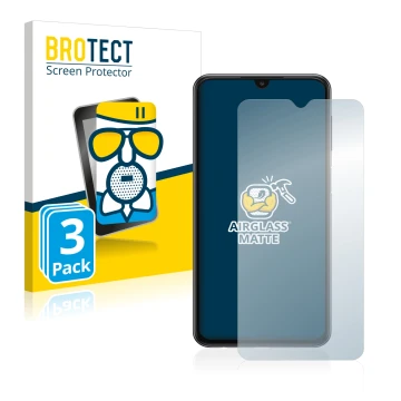 Front side of a product packaging with the brand logo BROTECT. Next to it is the device Samsung Galaxy A23 shown with the corr