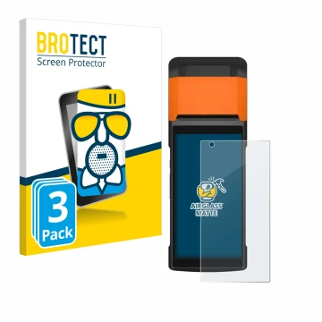 Front side of a product packaging with the brand logo BROTECT. Next to it is the device Sunmi V2s shown with the corresponding