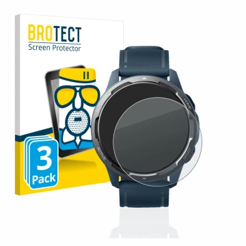 Front side of a product packaging with the brand logo BROTECT. Next to it is the device Xiaomi Watch S1 Active shown with the 