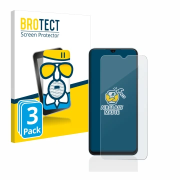 Front side of a product packaging with the brand logo BROTECT. Next to it is the device Samsung Galaxy A13 shown with the corr