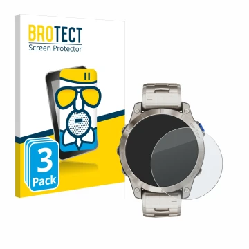 Front side of a product packaging with the brand logo BROTECT. Next to it is the device Garmin D2 Mach 1 shown with the corres