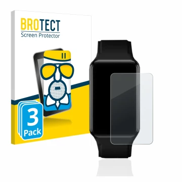 Front side of a product packaging with the brand logo BROTECT. Next to it is the device Oppo Watch Free shown with the corresp