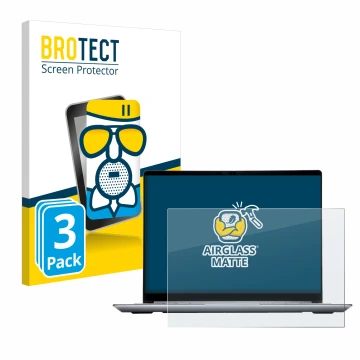 Front side of a product packaging with the brand logo BROTECT. Next to it is the device Framework Laptop 13 shown with the cor