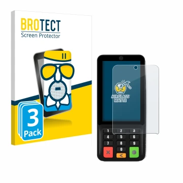 Front side of a product packaging with the brand logo BROTECT. Next to it is the device Pax A35 shown with the corresponding s