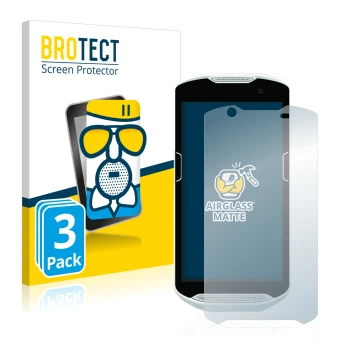 Front side of a product packaging with the brand logo BROTECT. Next to it is the device Zebra TC52 shown with the correspondin