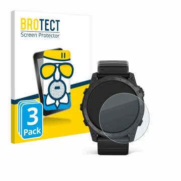Front side of a product packaging with the brand logo BROTECT. Next to it is the device Garmin Tactix 7 Pro shown with the cor