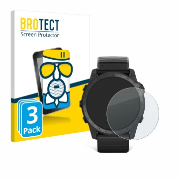 Front side of a product packaging with the brand logo BROTECT. Next to it is the device Garmin Tactix 7 Pro Ballistics shown w