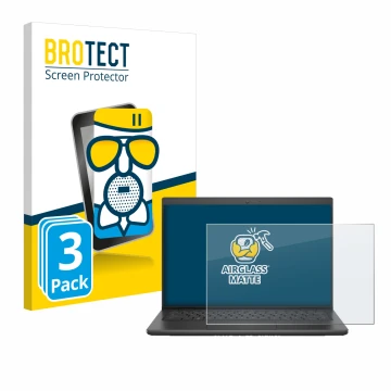Front side of a product packaging with the brand logo BROTECT. Next to it is the device Dell Latitude 3420 shown with the corr