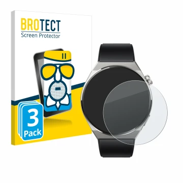Front side of a product packaging with the brand logo BROTECT. Next to it is the device Huawei Watch GT 3 Pro Titanium (46mm) 