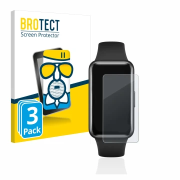 Front side of a product packaging with the brand logo BROTECT. Next to it is the device Huawei Band 7 shown with the correspon