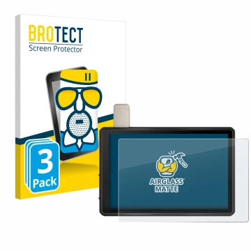 Front side of a product packaging with the brand logo BROTECT. Next to it is the device Garmin Tread Overland Edition 8