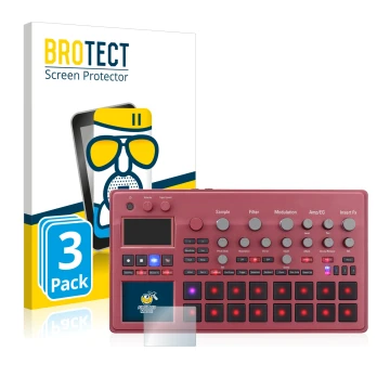 Front side of a product packaging with the brand logo BROTECT. Next to it is the device KORG electribe Sampler shown with the 