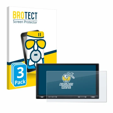 Front side of a product packaging with the brand logo BROTECT. Next to it is the device Sony XAV-AX5650 shown with the corresp