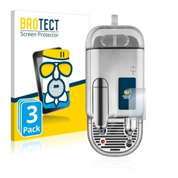 Front side of a product packaging with the brand logo BROTECT. Next to it is the device Sage Nespresso Creatista Pro shown wit