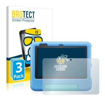 Front side of a product packaging with the brand logo BROTECT. Next to it is the device Amazon Fire 7 Kids 2022 shown with the