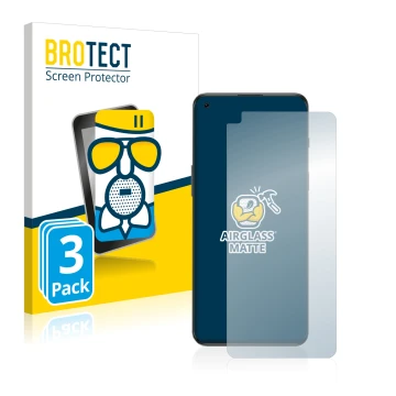 Front side of a product packaging with the brand logo BROTECT. Next to it is the device OnePlus Nord 2T 5G shown with the corr