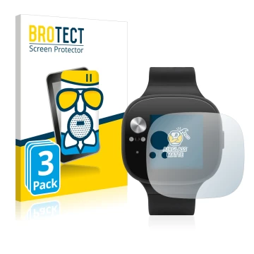 Front side of a product packaging with the brand logo BROTECT. Next to it is the device ASUS Vivowatch BP shown with the corre