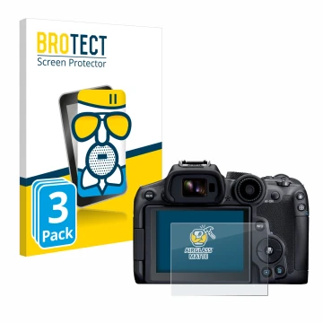 Front side of a product packaging with the brand logo BROTECT. Next to it is the device Canon EOS R7 shown with the correspond