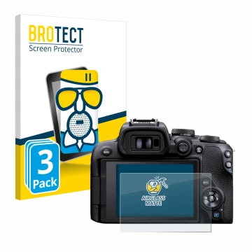 Front side of a product packaging with the brand logo BROTECT. Next to it is the device Canon EOS R10 shown with the correspon
