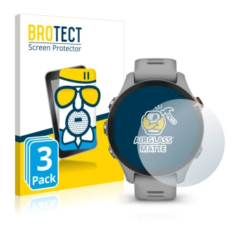 Front side of a product packaging with the brand logo BROTECT. Next to it is the device Garmin Forerunner 255S shown with the 