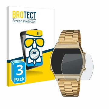 Front side of a product packaging with the brand logo BROTECT. Next to it is the device Casio Retro B640WB shown with the corr