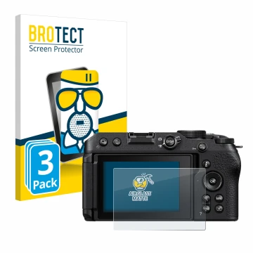 Front side of a product packaging with the brand logo BROTECT. Next to it is the device Nikon Z 30 shown with the correspondin