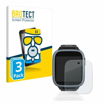 Front side of a product packaging with the brand logo BROTECT. Next to it is the device Xplora XGO3 (1st Gen.) shown with the 