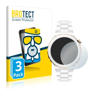 Front side of a product packaging with the brand logo BROTECT. Next to it is the device Huawei Watch GT 3 Pro Ceramic (43mm) s