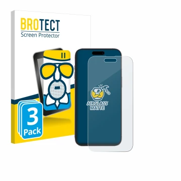 Front side of a product packaging with the brand logo BROTECT. Next to it is the device Apple iPhone 14 Pro Max shown with the