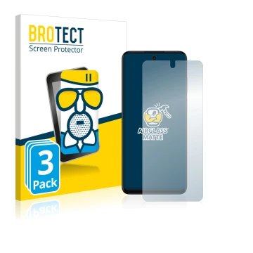 Front side of a product packaging with the brand logo BROTECT. Next to it is the device Motorola Moto G32 shown with the corre