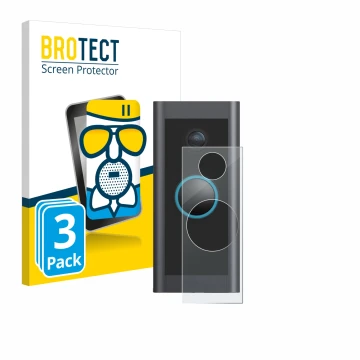 Front side of a product packaging with the brand logo BROTECT. Next to it is the device Ring Video Doorbell Wired shown with t