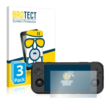 Front side of a product packaging with the brand logo BROTECT. Next to it is the device Retroid Pocket 3 shown with the corres
