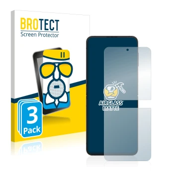 Front side of a product packaging with the brand logo BROTECT. Next to it is the device Samsung Galaxy Z Flip 4 shown with the