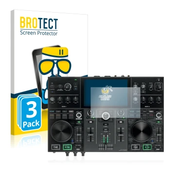 Front side of a product packaging with the brand logo BROTECT. Next to it is the device Denon DJ Prime Go shown with the corre