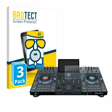 Front side of a product packaging with the brand logo BROTECT. Next to it is the device Denon DJ Prime 4 shown with the corres