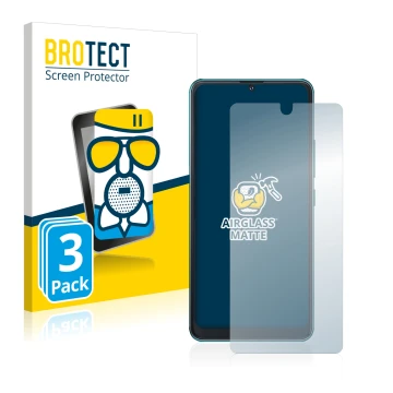 Front side of a product packaging with the brand logo BROTECT. Next to it is the device Cubot Note 8 shown with the correspond