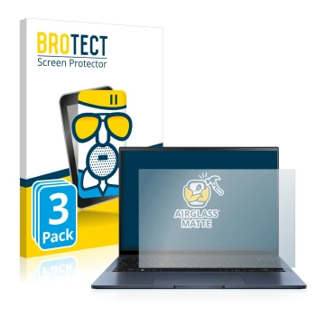 Front side of a product packaging with the brand logo BROTECT. Next to it is the device ASUS ZenBook S13 OLED shown with the c