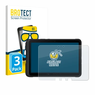 Front side of a product packaging with the brand logo BROTECT. Next to it is the device Samsung Galaxy Tab Active 4 Pro shown 