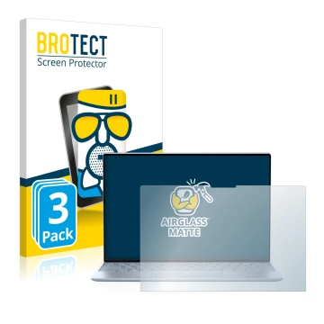 Front side of a product packaging with the brand logo BROTECT. Next to it is the device Dell XPS 13 9315 Touch shown with the 