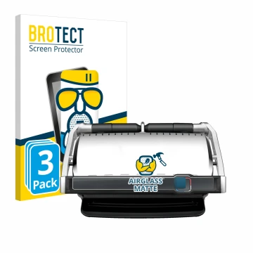 Front side of a product packaging with the brand logo BROTECT. Next to it is the device Tefal OptiGrill Elite XL shown with th