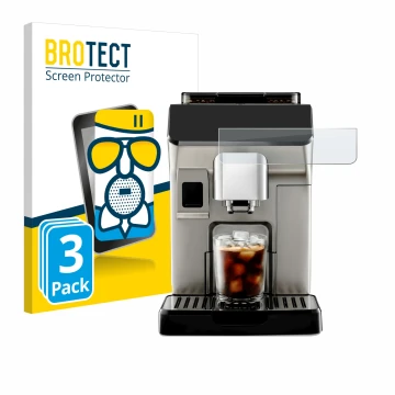 Front side of a product packaging with the brand logo BROTECT. Next to it is the device DeLonghi Eletta Explore shown with the
